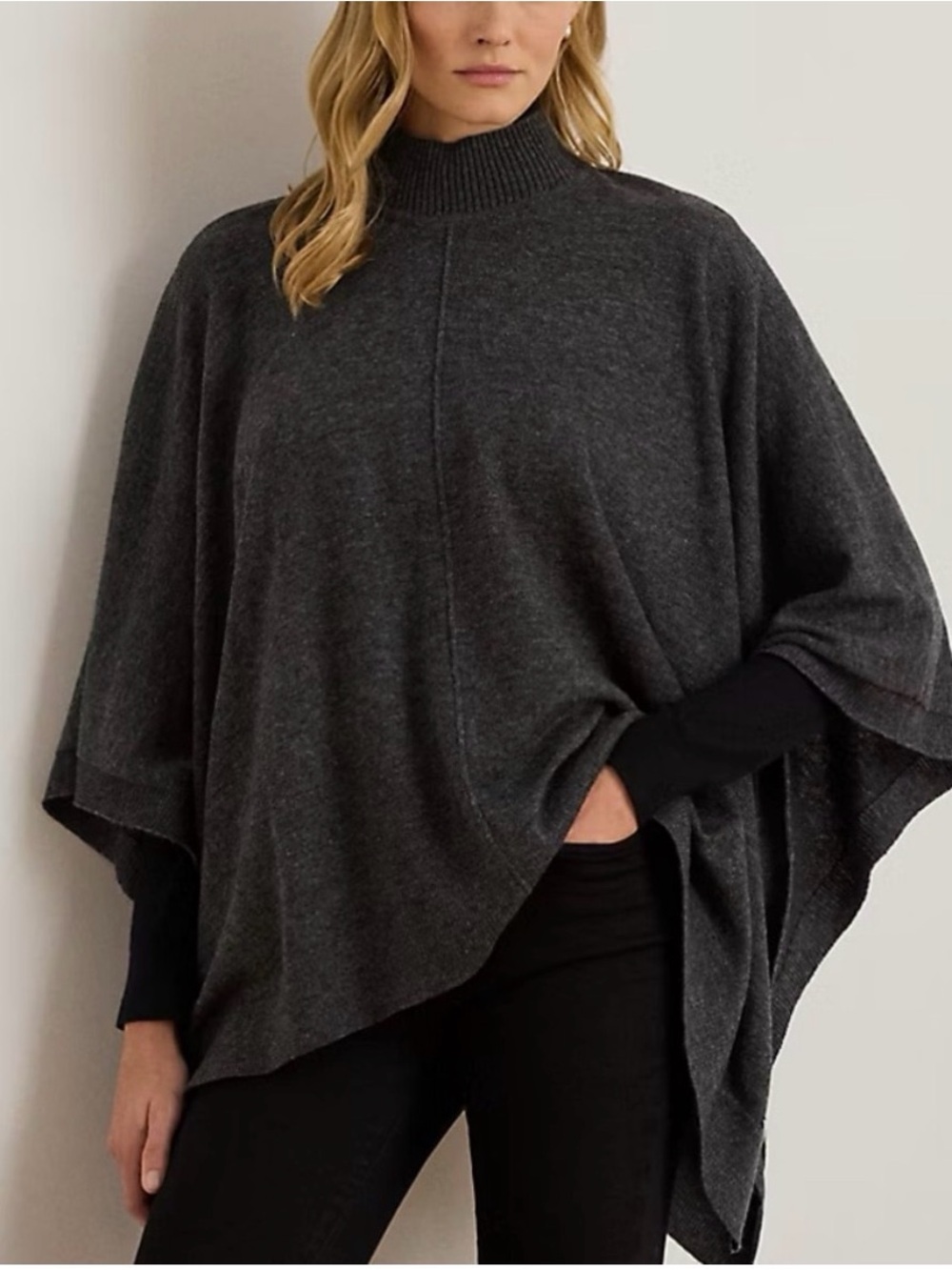 Lauren Ralph Lauren Wool Blend Mockneck Poncho Charcoal Heather NWT OSFM